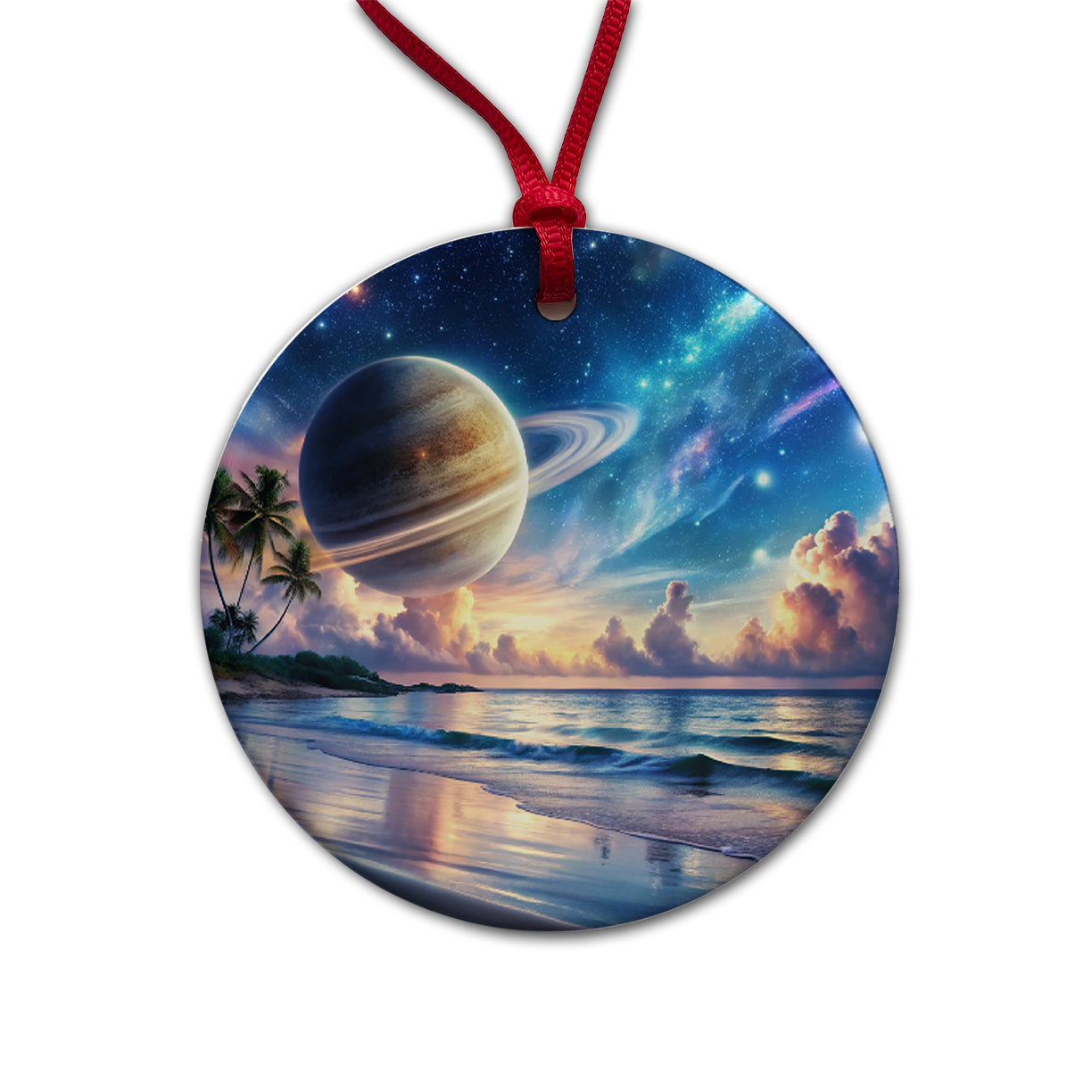 Fantasy Sci-fi World Saturn Rising Over Beach Round Ceramic Holiday Christmas Tree Ornament