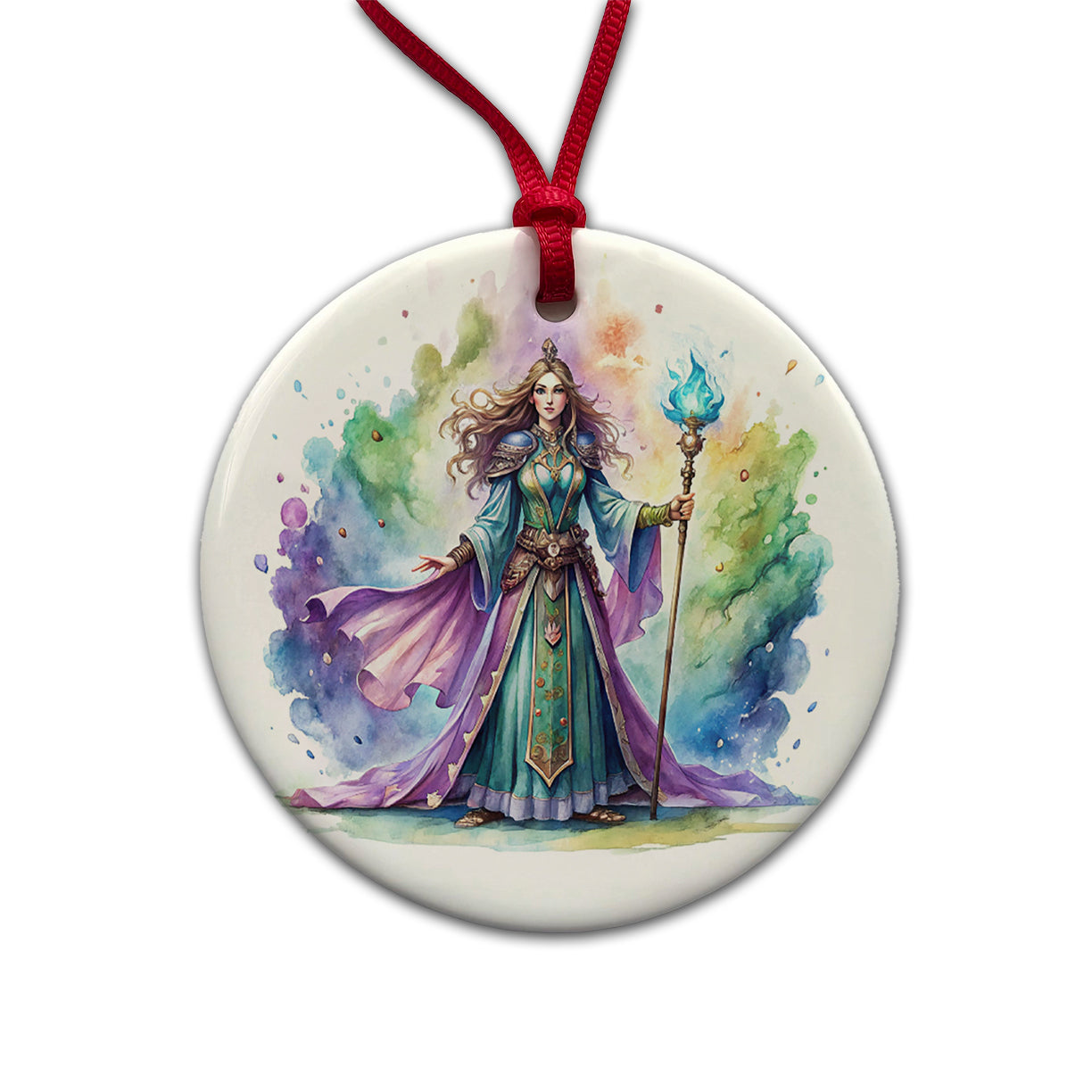 Fantasy Sorceress Purple Blue Magic Mana Watercolor Round Ceramic Holiday Christmas Tree Ornament