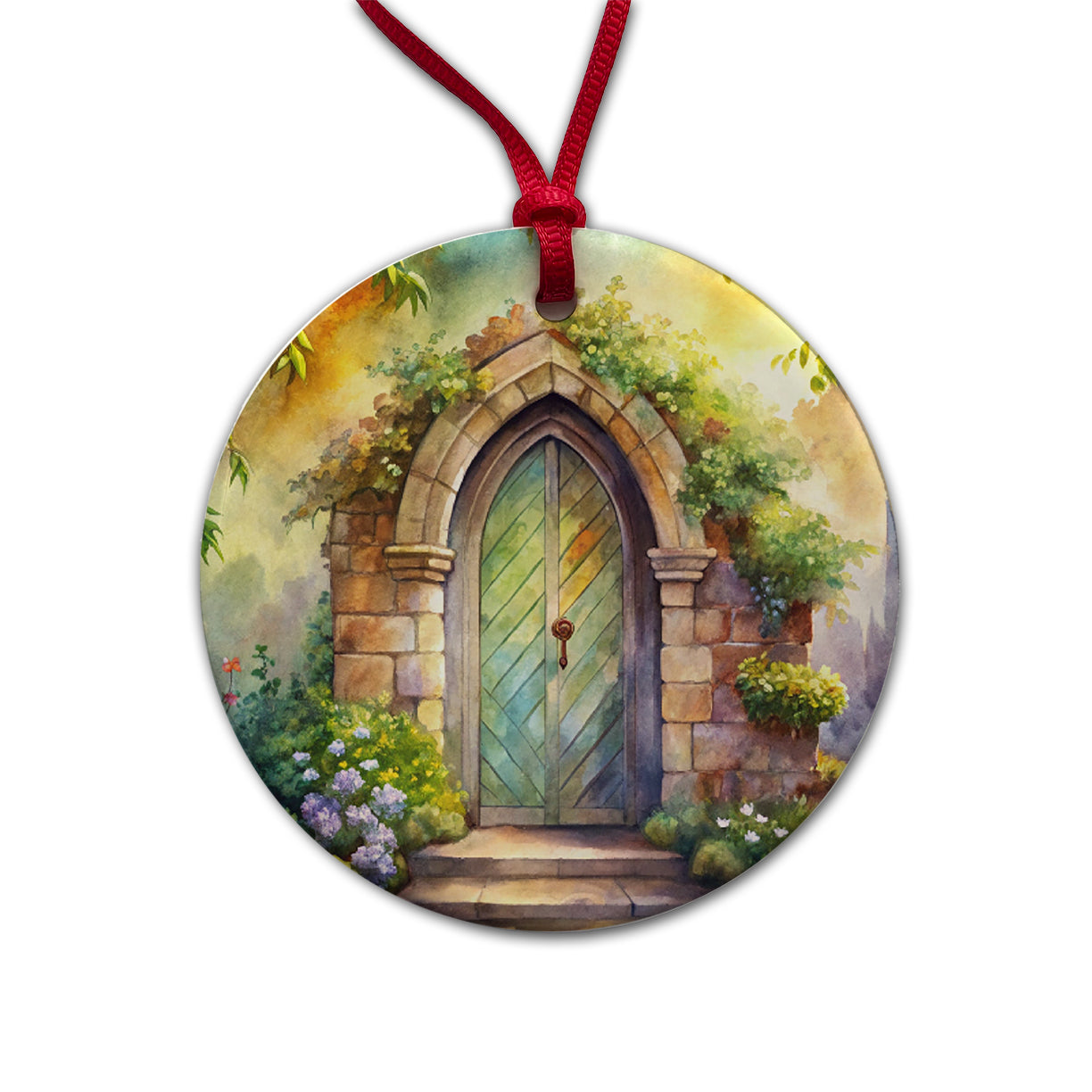 Fantasy World Doorway Fairy Gnome Elven Watercolor Round Ceramic Holiday Christmas Tree Ornament
