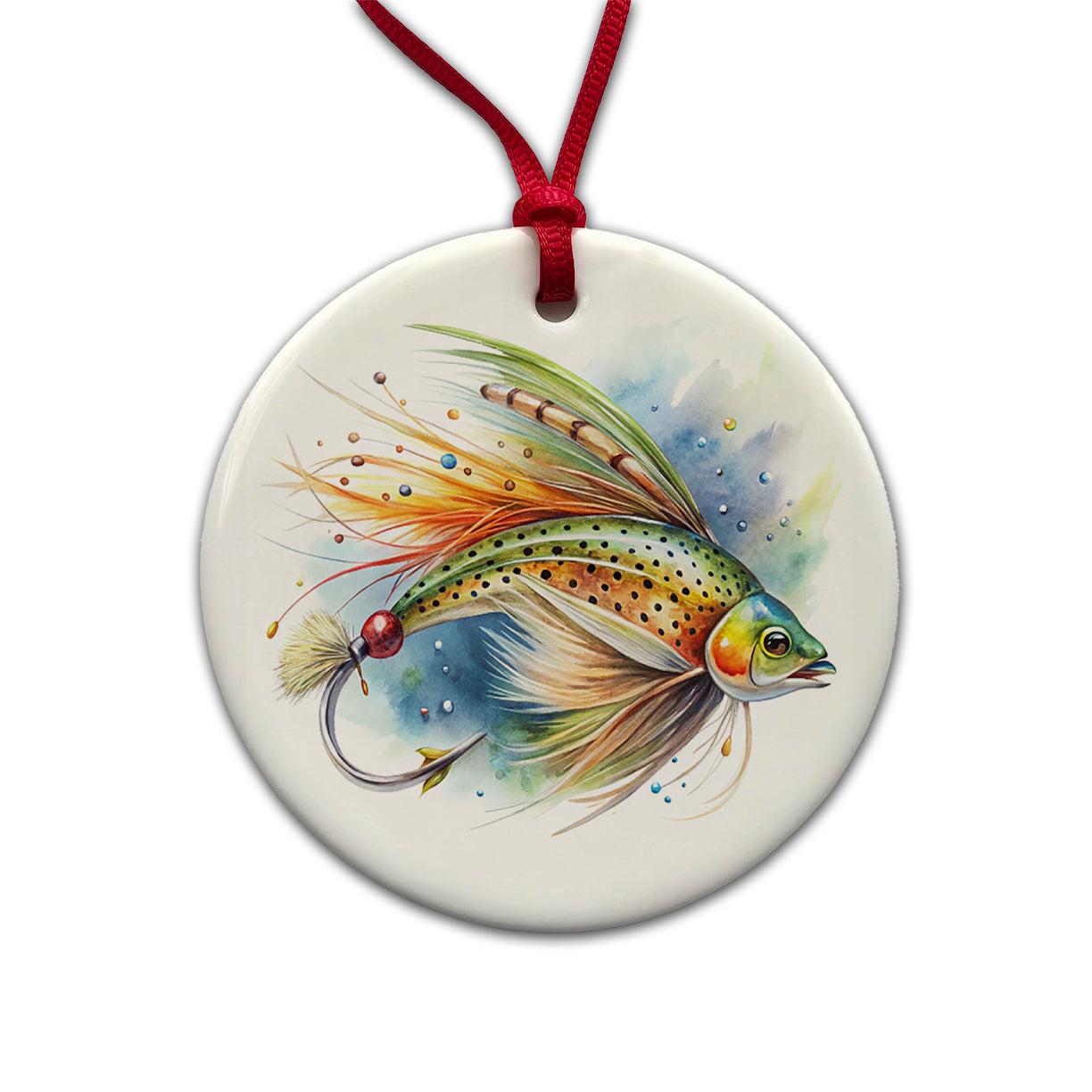Fishing Lure Flies Watercolor Round Ceramic Holiday Christmas Tree Ornament