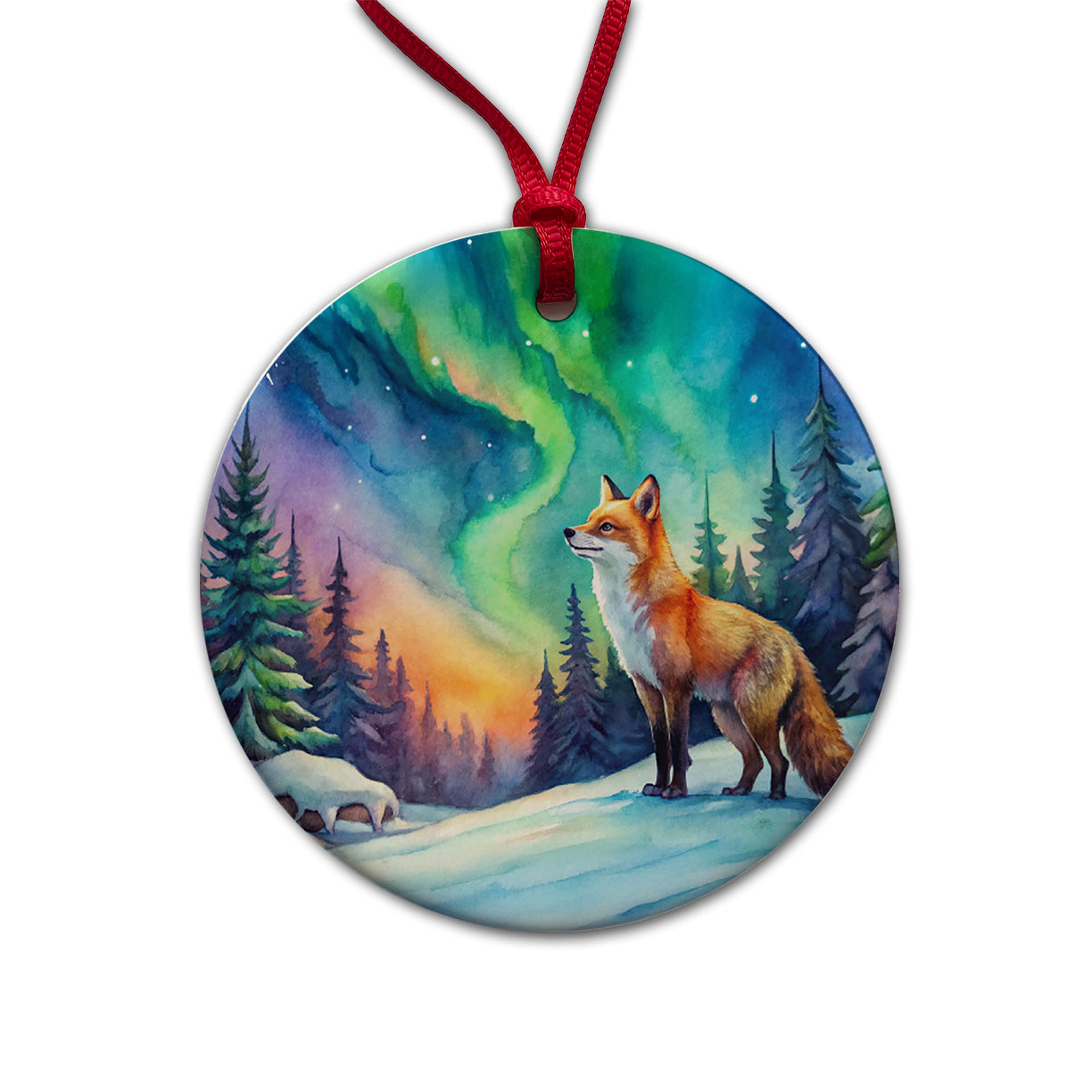 Fox And Northern Lights Watercolor Round Ceramic Holiday Christmas Tree Ornament