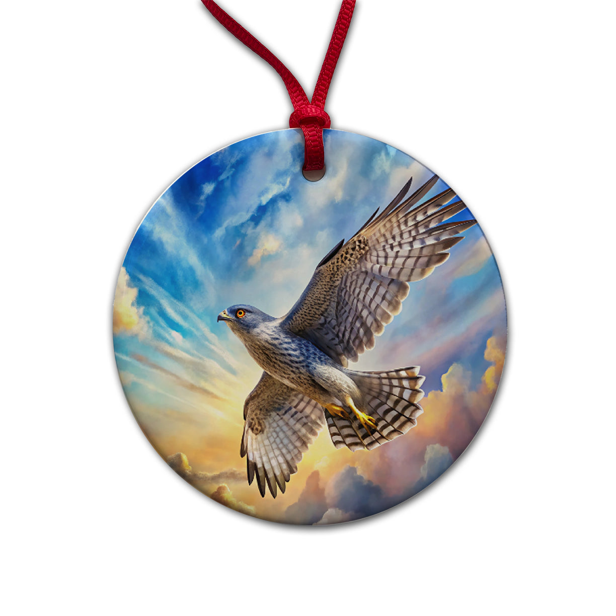 Goshawk Raptor Bird Of Prey In Flight Sky Clouds Watercolor Round Ceramic Holiday Christmas Tree Ornament