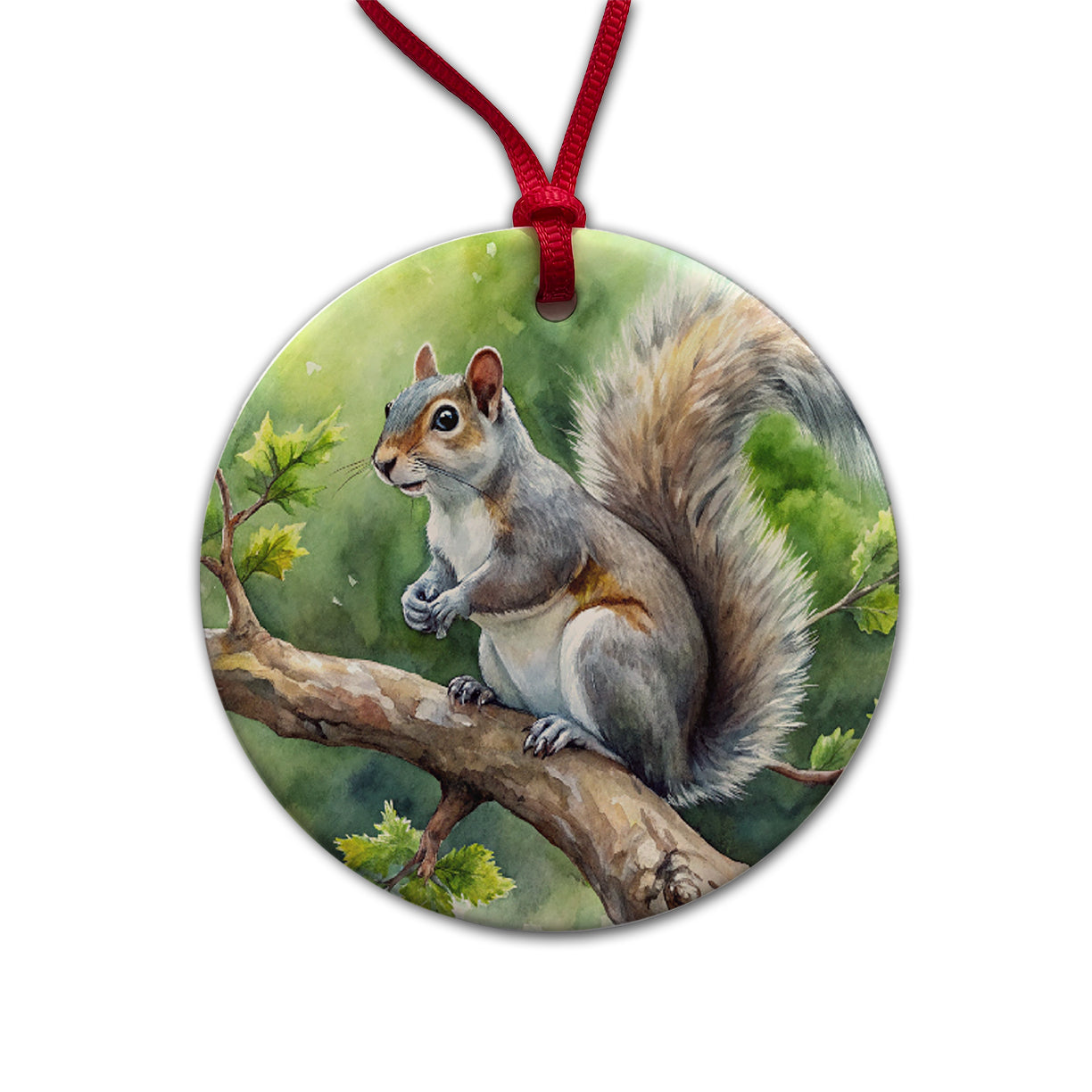 Gray Squirrel In Tree Watercolor Round Ceramic Holiday Christmas Tree Ornament