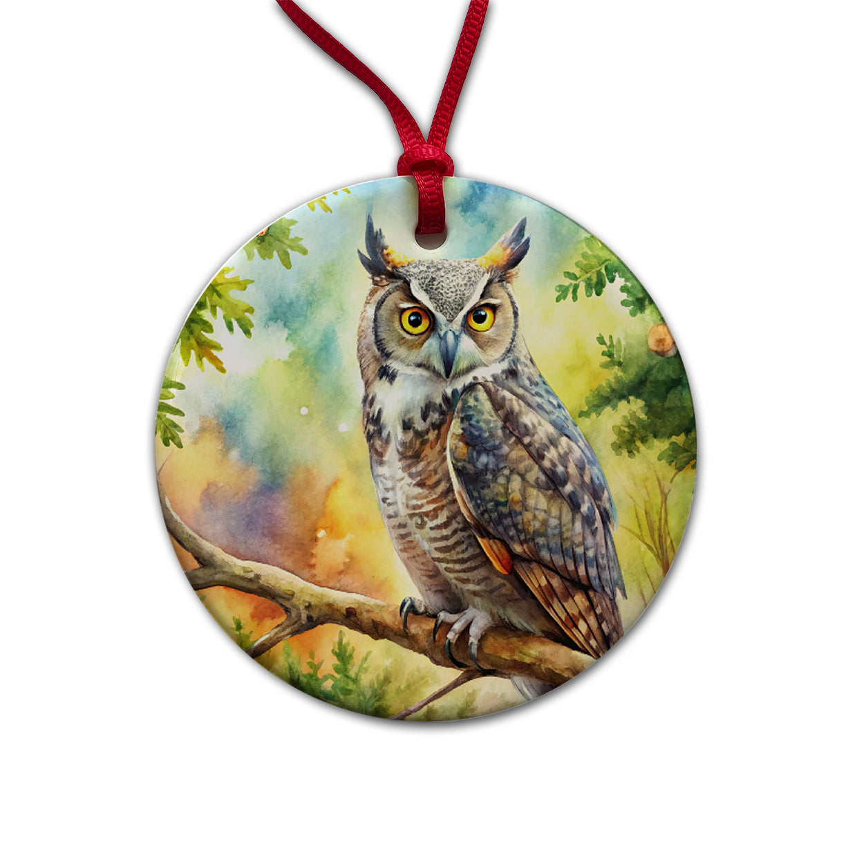 Great Horned Owl In Tree Watercolor Round Ceramic Holiday Christmas Tree Ornament