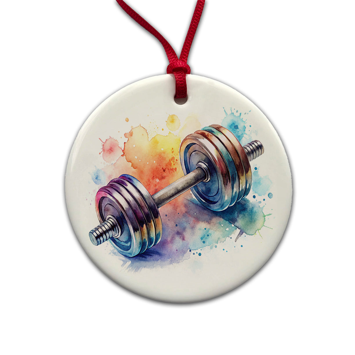 Gym Workout Dumbbells Weights Watercolor Round Ceramic Holiday Christmas Tree Ornament