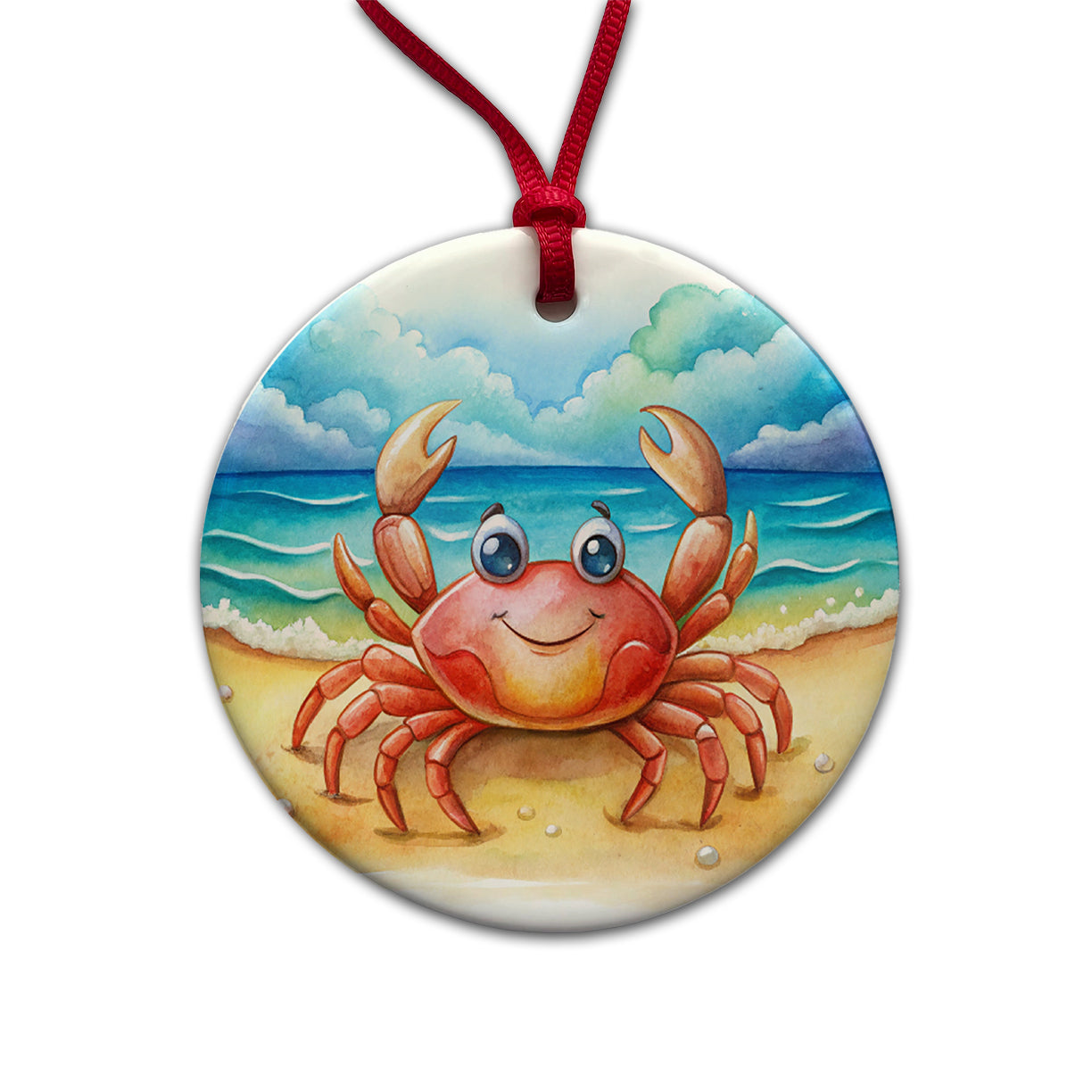 Happy Crab On The Tropical Beach Watercolor Round Ceramic Holiday Christmas Tree Ornament