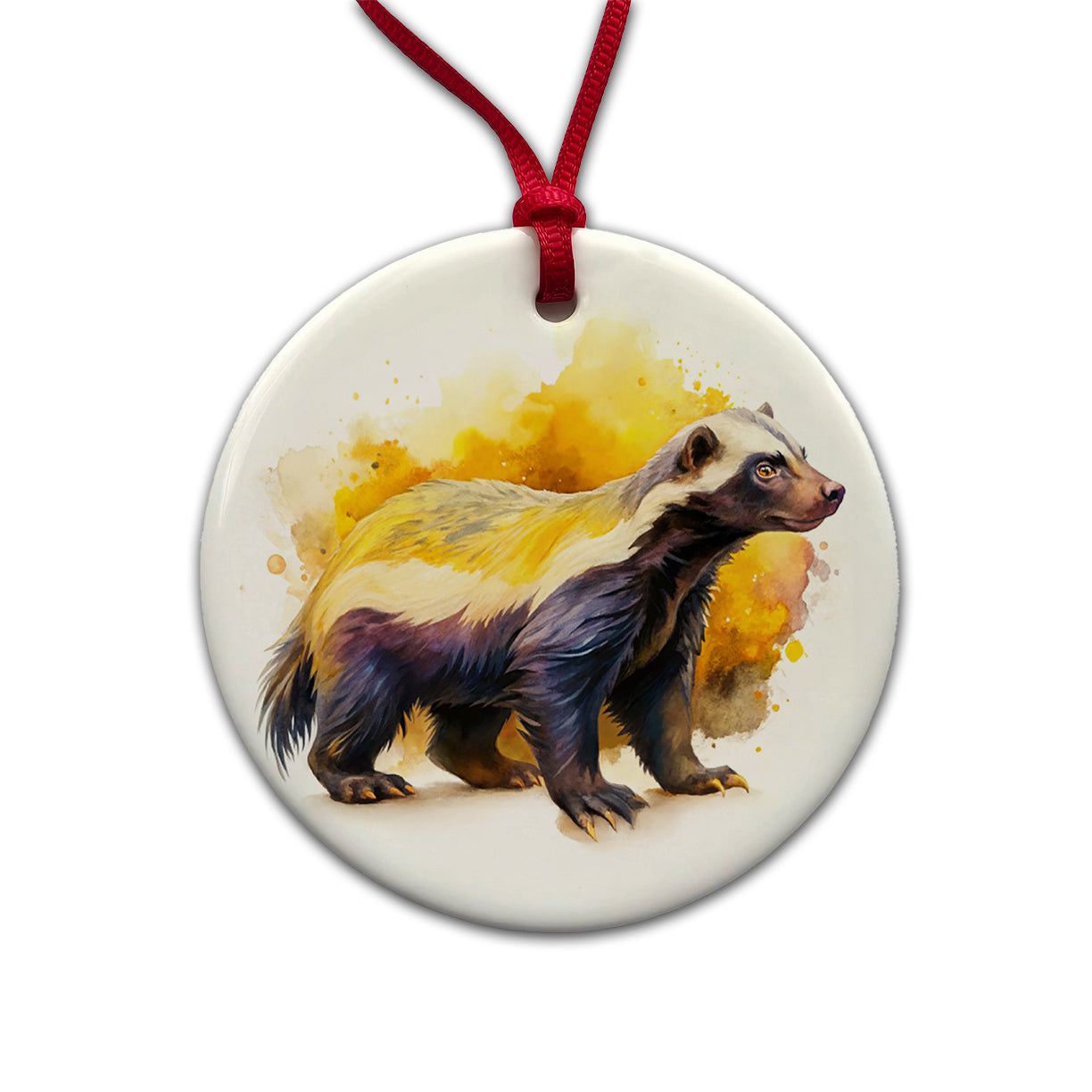 Honey Badger Watercolor Round Ceramic Holiday Christmas Tree Ornament