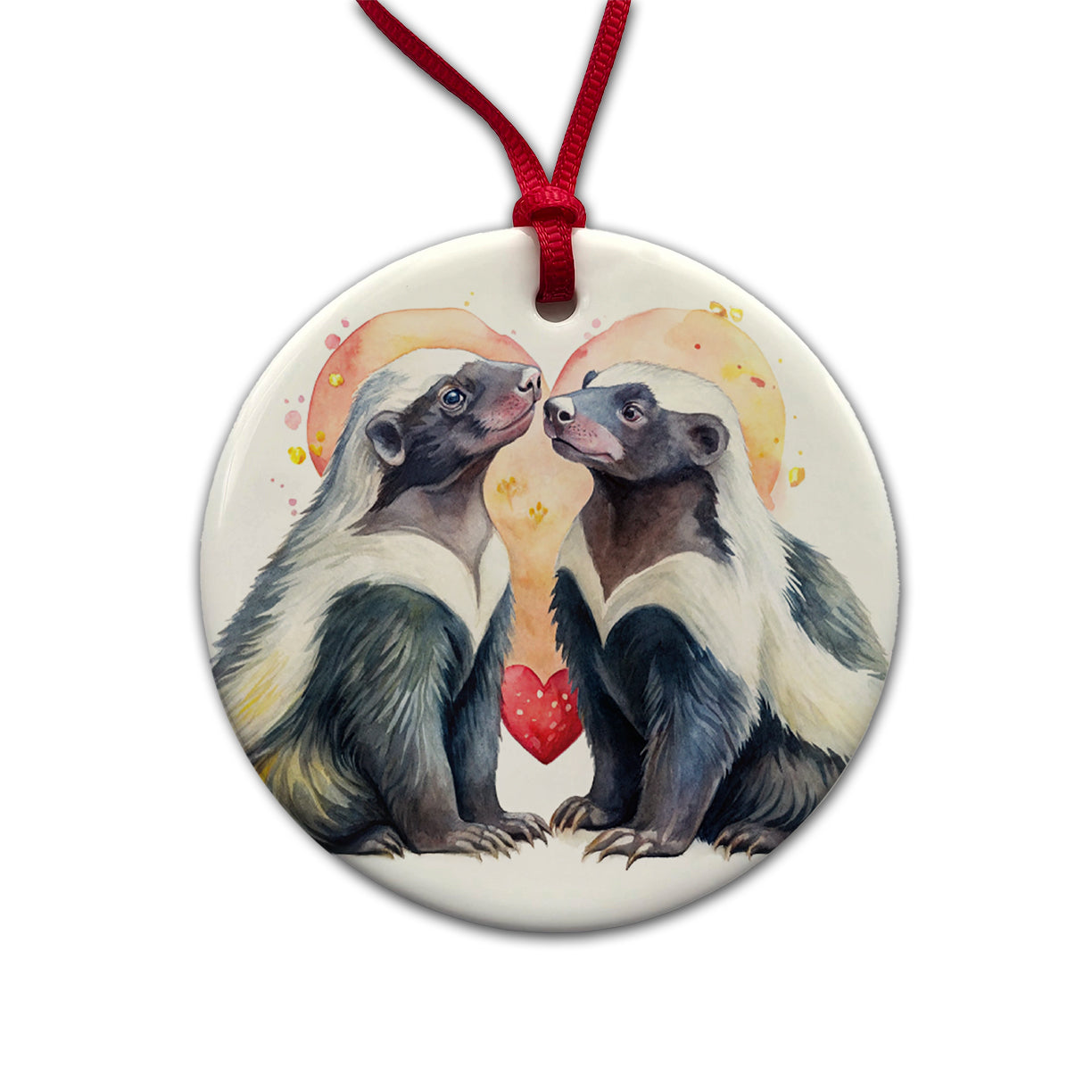 Honey Badgers In Love Heart Valentine's Day Round Ceramic Holiday Christmas Tree Ornament
