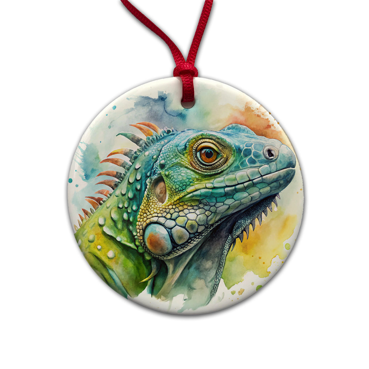 Iguana Lizard Face Profile Reptile Watercolor Round Ceramic Holiday Christmas Tree Ornament