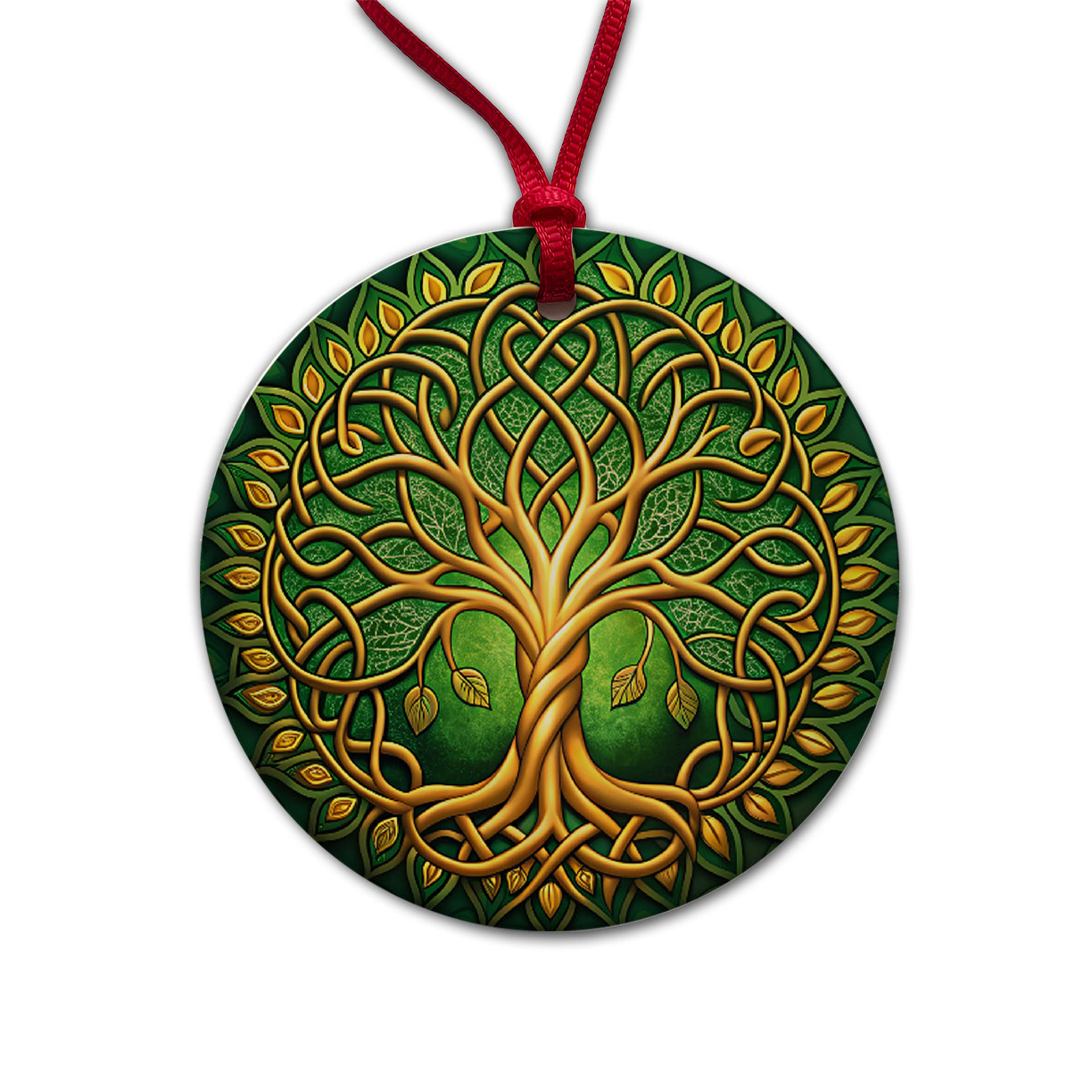 Irish Celtic Knot Tree Of Life Green And Golden Round Ceramic Holiday Christmas Tree Ornament