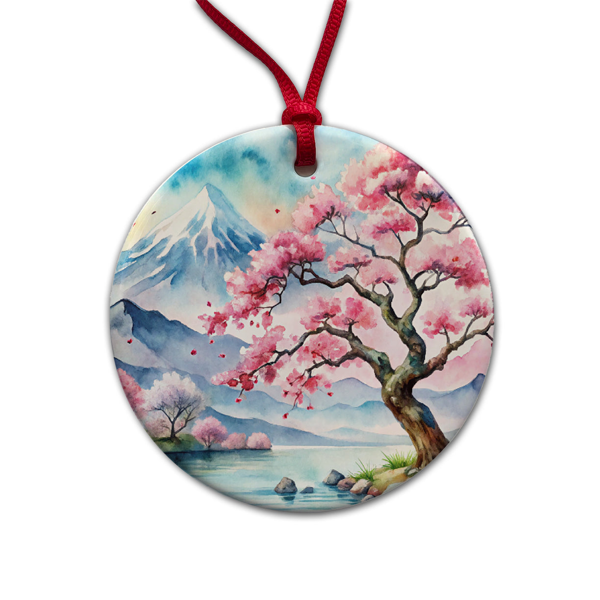 Japanese Cherry Blossom Tree Scene Watercolor Round Ceramic Holiday Christmas Tree Ornament