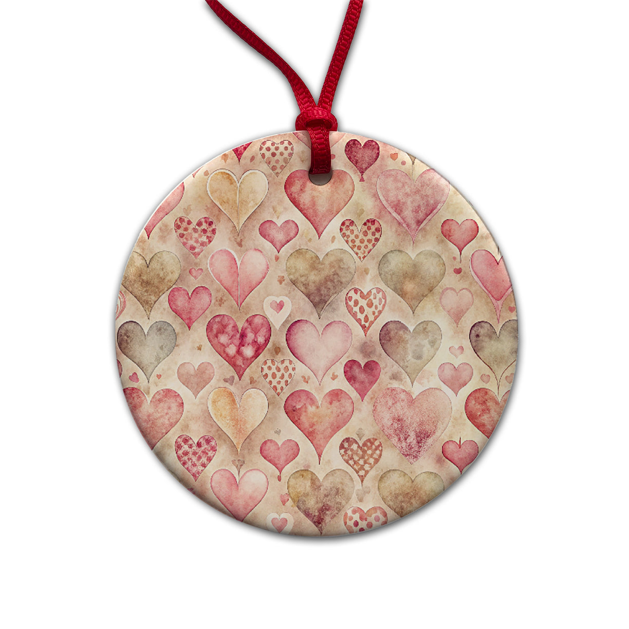 Kitschy Valentine's Day Hearts Pattern Round Ceramic Holiday Christmas Tree Ornament