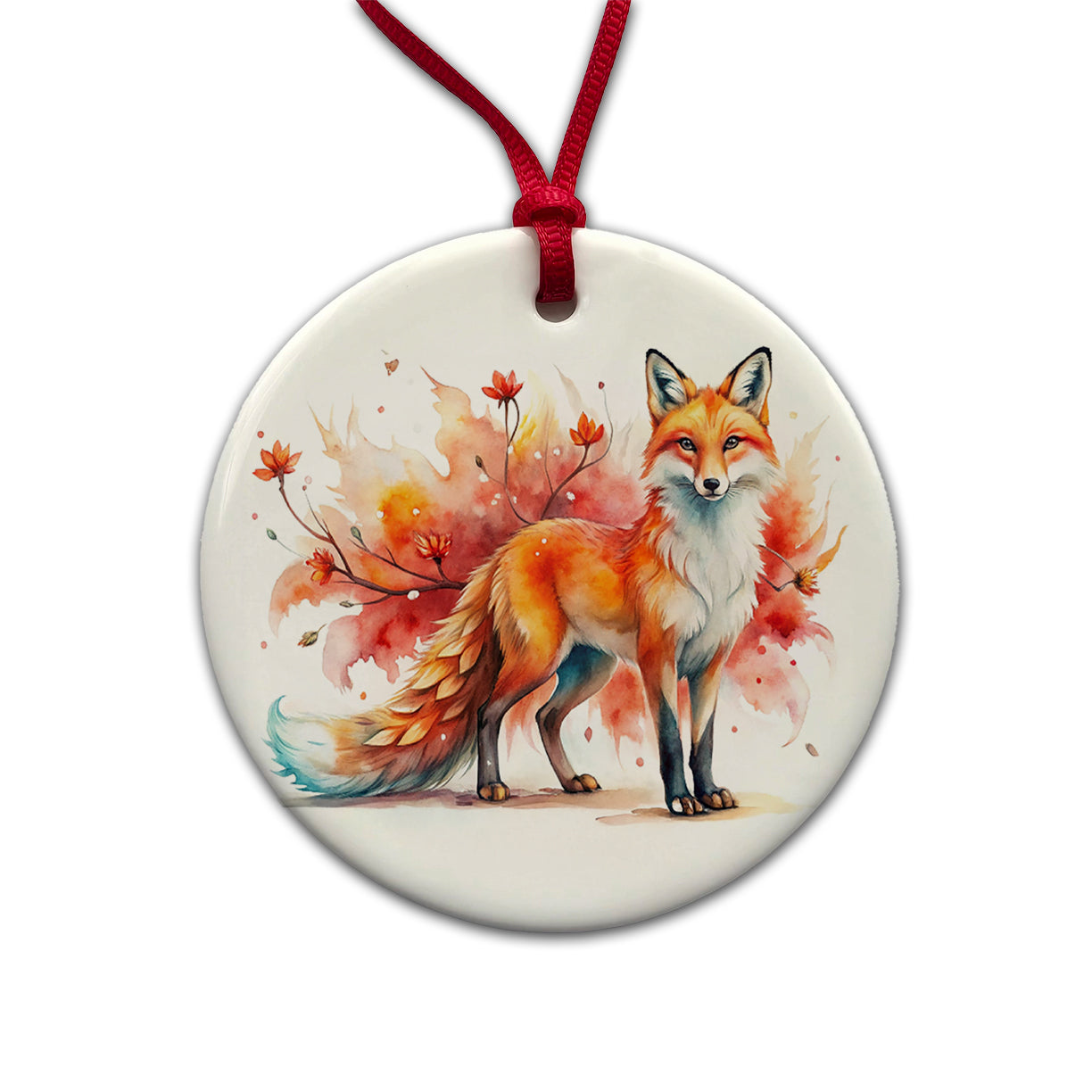 Kitsune Fox Asian Japanese Spirit Animal Folklore Watercolor Round Ceramic Holiday Christmas Tree Ornament