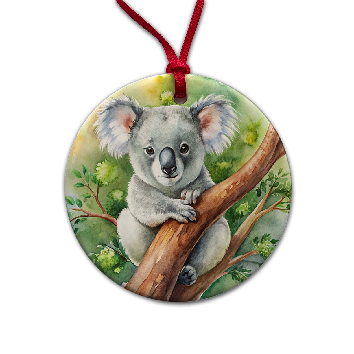 Koala In A Tree Watercolor Round Ceramic Holiday Christmas Tree Ornament