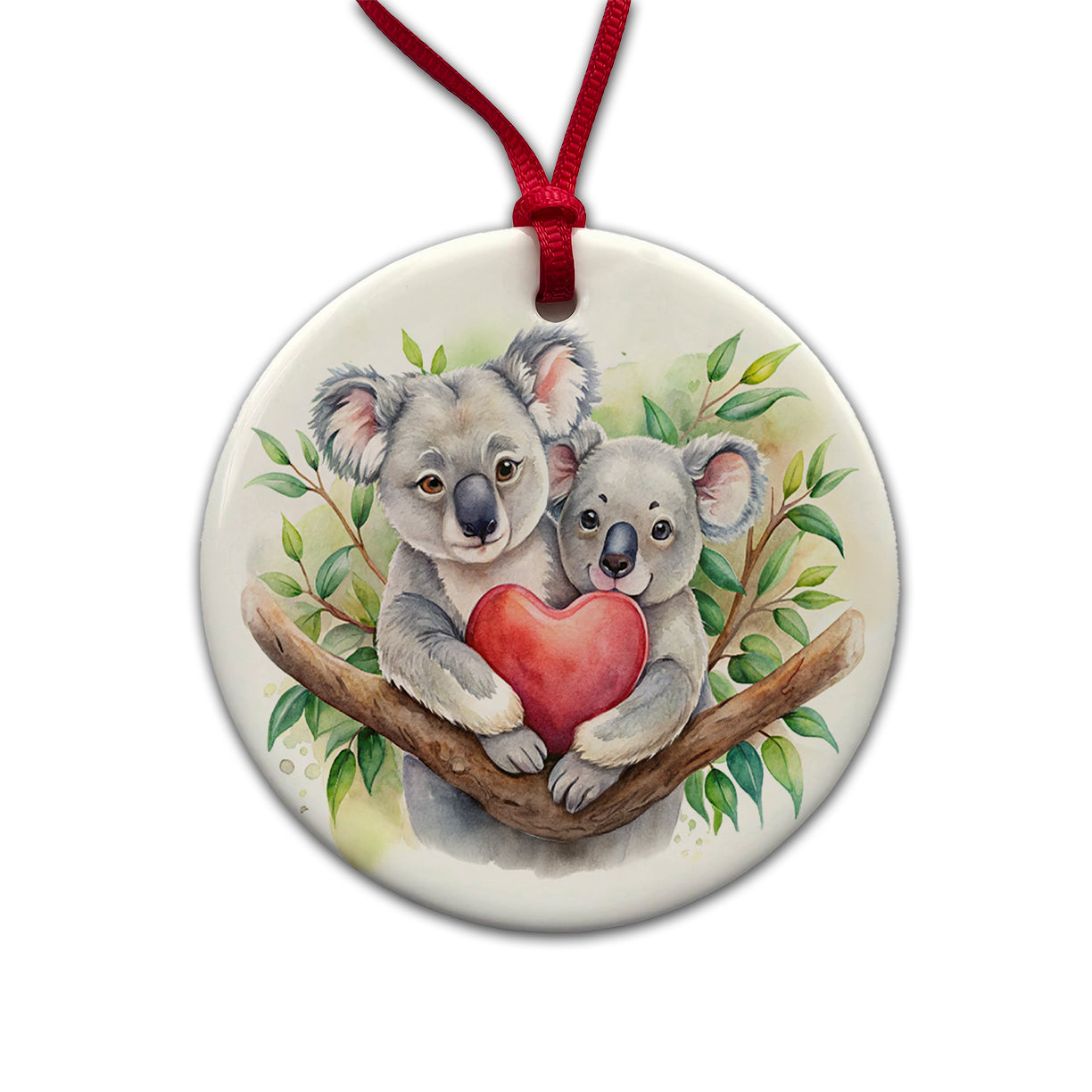 Koalas In Love Heart Valentine's Day Round Ceramic Holiday Christmas Tree Ornament