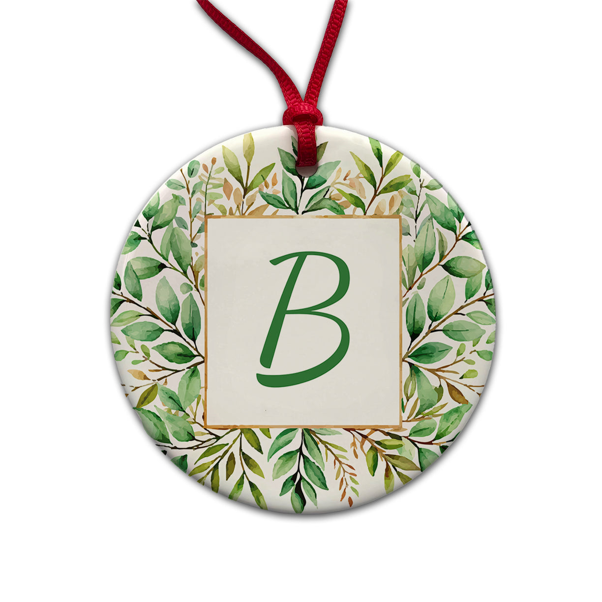 Letter B Initial Monogram Frame Leaf Round Ceramic Holiday Christmas Tree Ornament