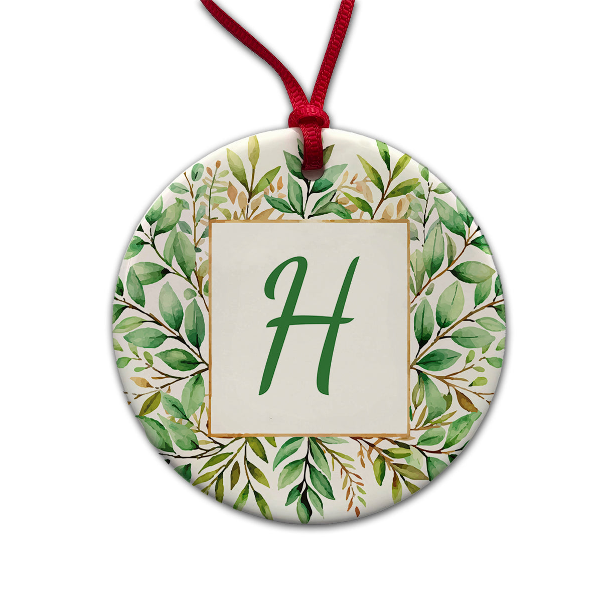 Letter H Initial Monogram Frame Leaf Round Ceramic Holiday Christmas Tree Ornament