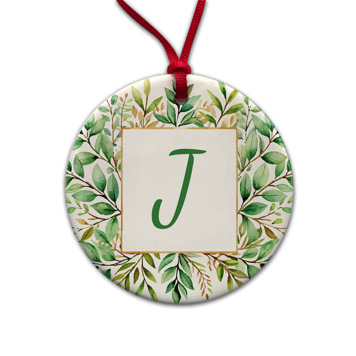 Letter J Initial Monogram Frame Leaf Round Ceramic Holiday Christmas Tree Ornament