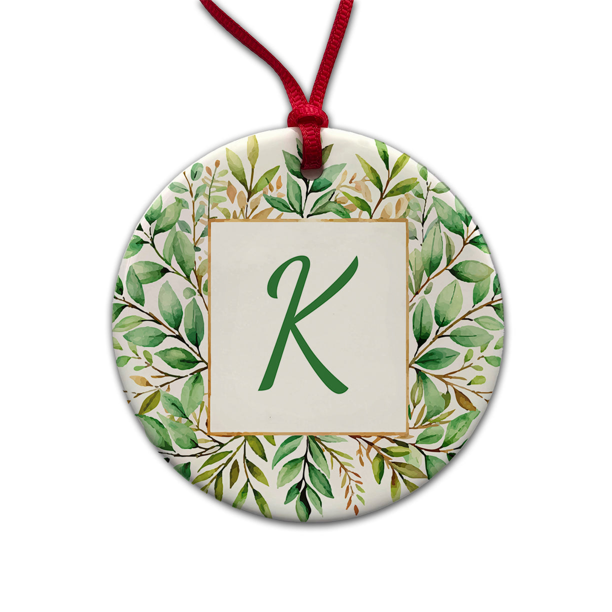 Letter K Initial Monogram Frame Leaf Round Ceramic Holiday Christmas Tree Ornament