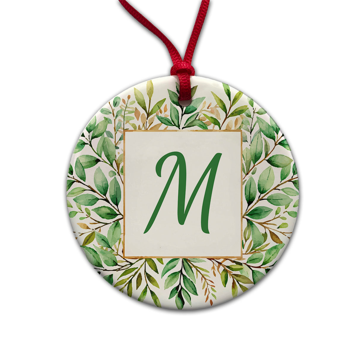 Letter M Initial Monogram Frame Leaf Round Ceramic Holiday Christmas Tree Ornament
