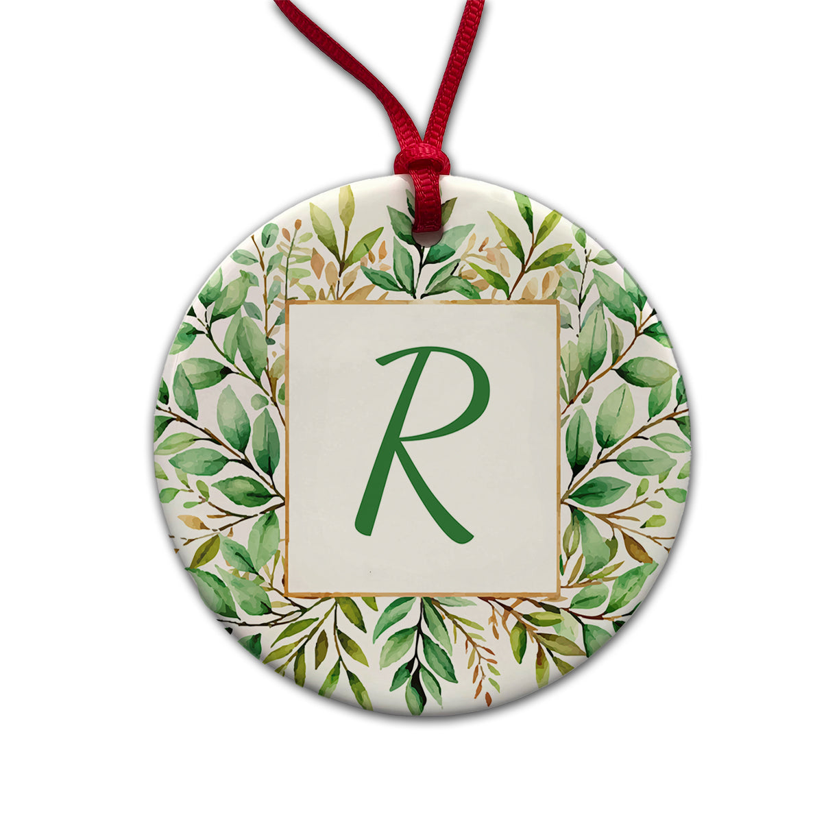 Letter R Initial Monogram Frame Leaf Round Ceramic Holiday Christmas Tree Ornament