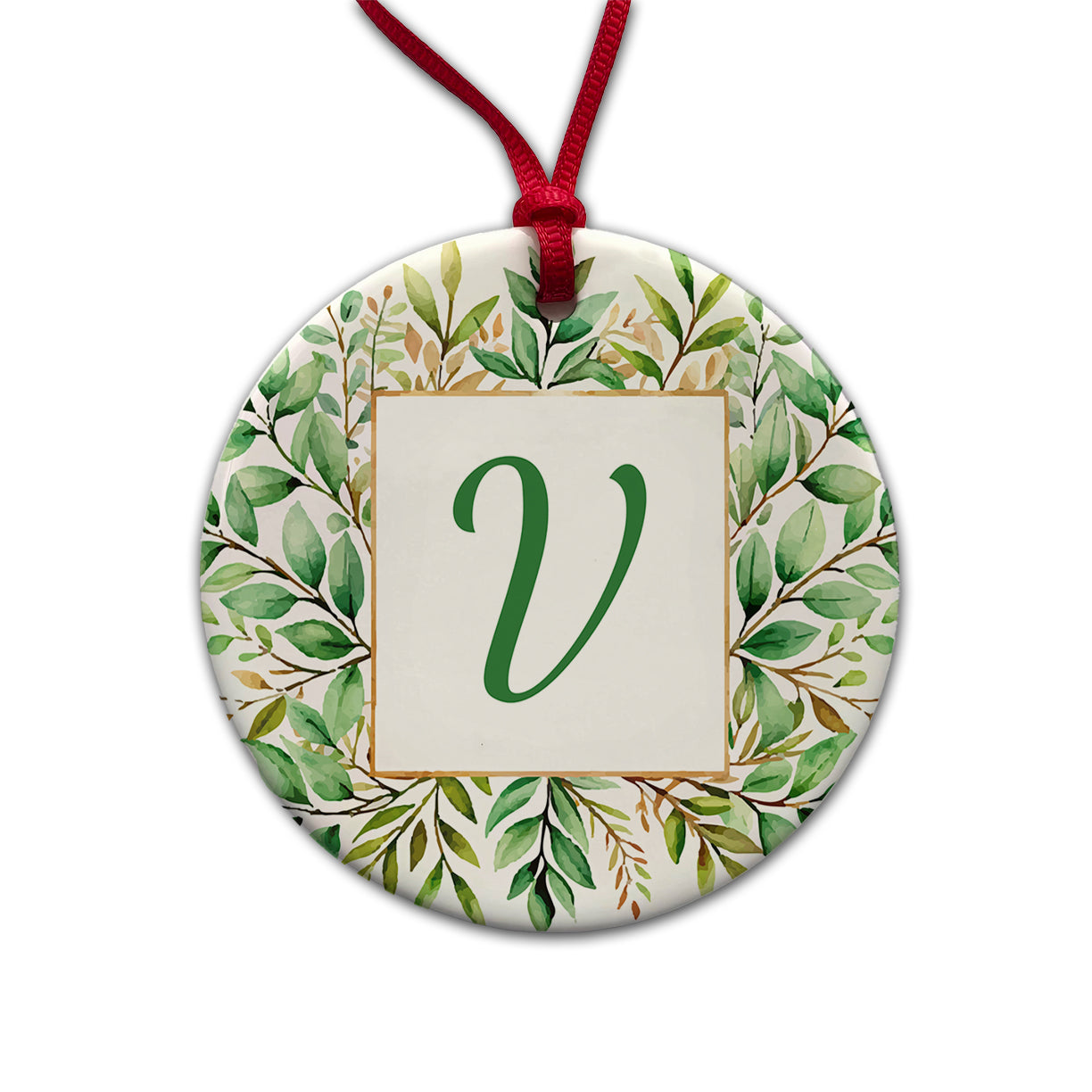 Letter V Initial Monogram Frame Leaf Round Ceramic Holiday Christmas Tree Ornament