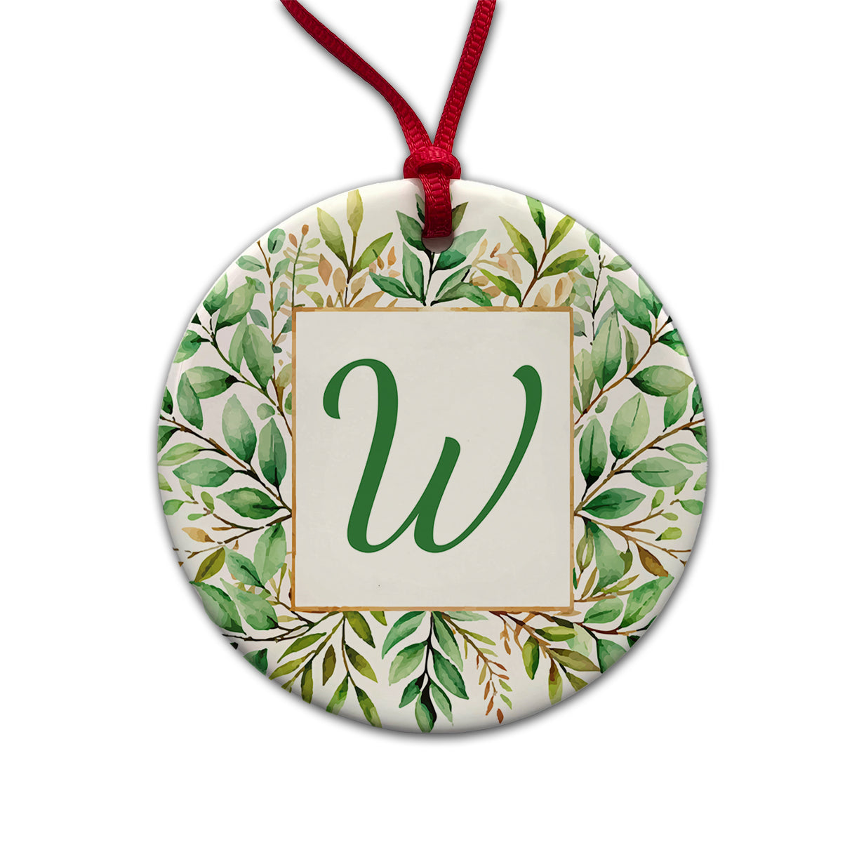 Letter W Initial Monogram Frame Leaf Round Ceramic Holiday Christmas Tree Ornament