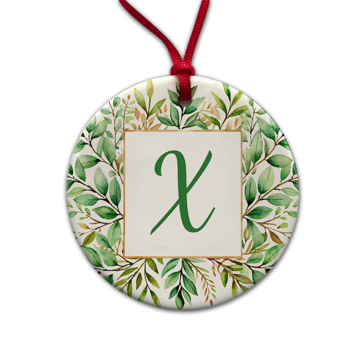 Letter X Initial Monogram Frame Leaf Round Ceramic Holiday Christmas Tree Ornament