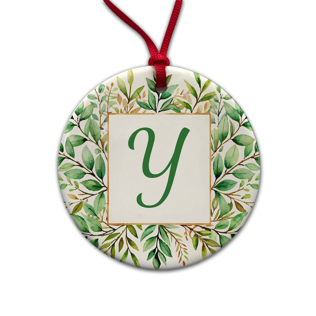 Letter Y Initial Monogram Frame Leaf Round Ceramic Holiday Christmas Tree Ornament