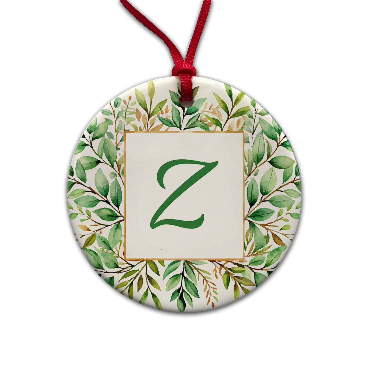 Letter Z Initial Monogram Frame Leaf Round Ceramic Holiday Christmas Tree Ornament