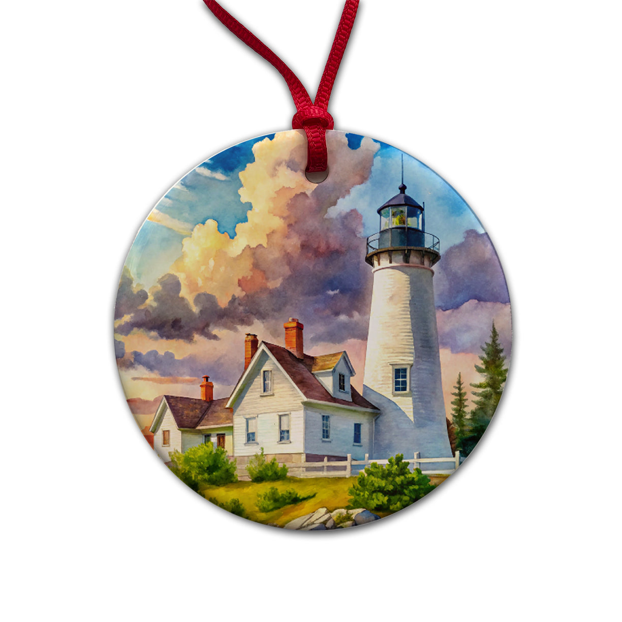 Lighthouse Like Pemaquid Point Maine Watercolor Round Ceramic Holiday Christmas Tree Ornament