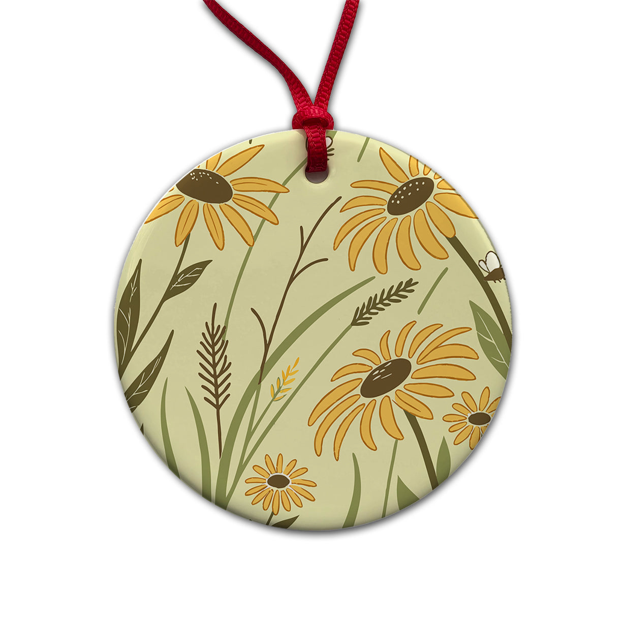Lovely Sunflowers Round Ceramic Holiday Christmas Tree Ornament