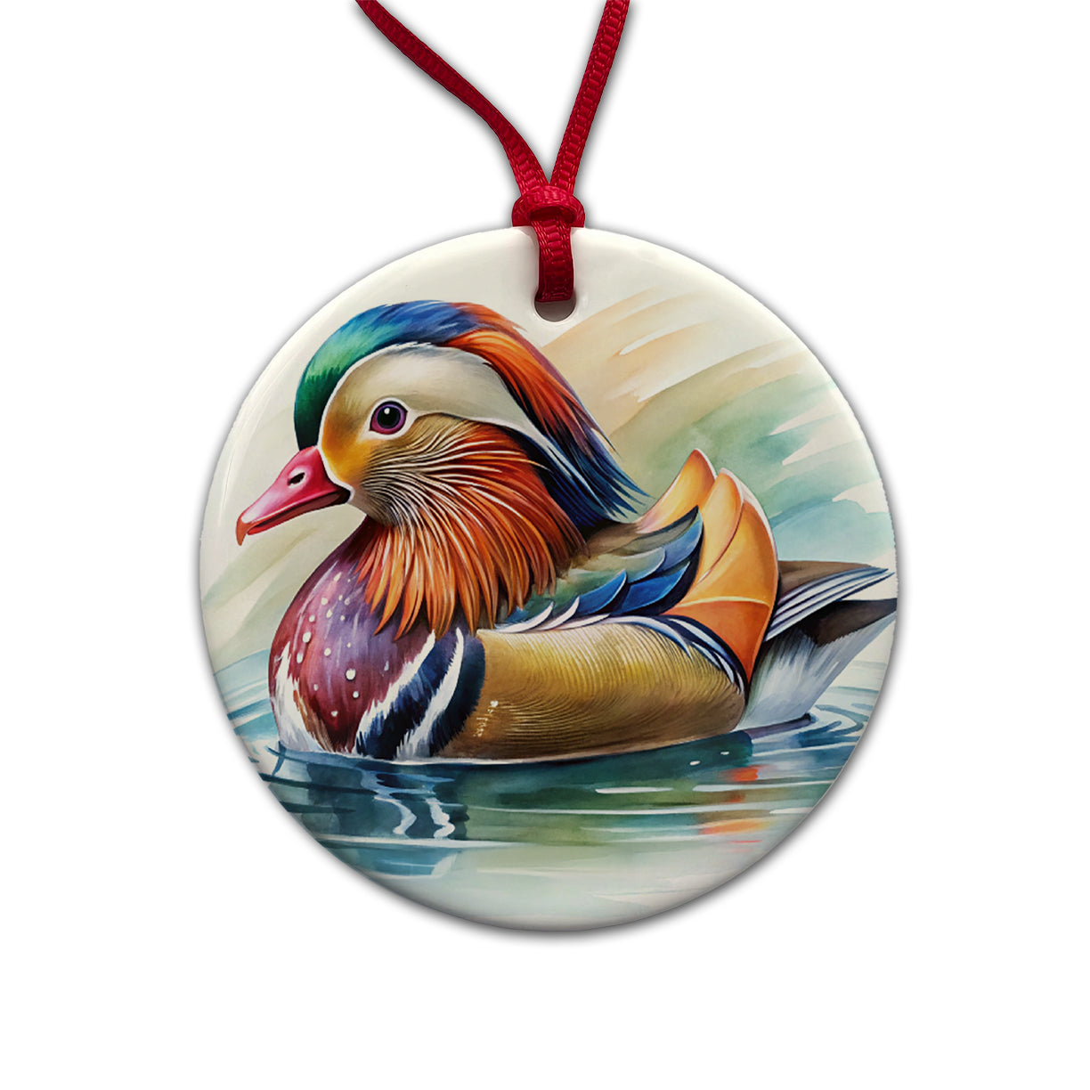 Mandarin Duck Watercolor Round Ceramic Holiday Christmas Tree Ornament