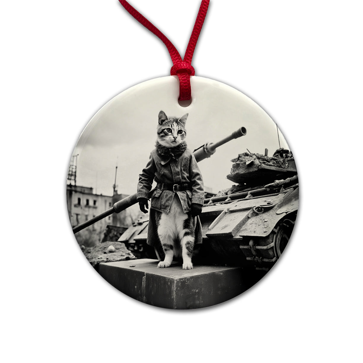 Military Resistance War Soldier Cat Retro Black And White Round Ceramic Holiday Christmas Tree Ornament
