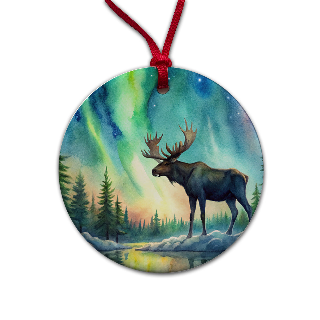 Moose And Northern Lights Watercolor Round Ceramic Holiday Christmas Tree Ornament
