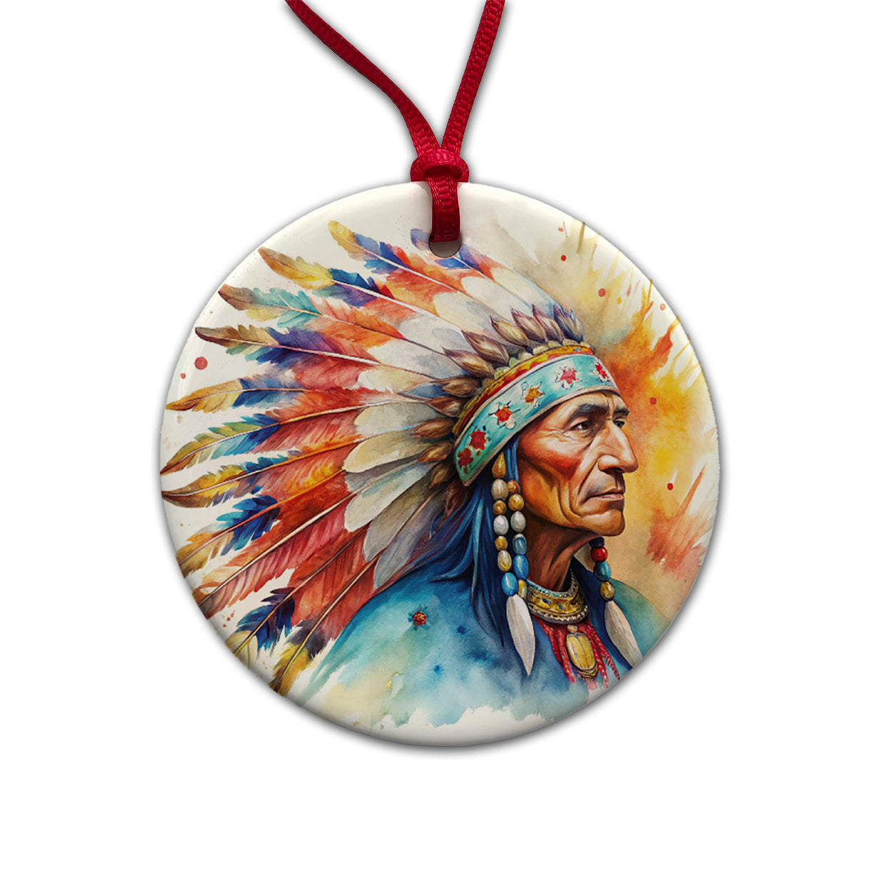 Native American Indian Chief Feather Headdress Watercolor Round Ceramic Holiday Christmas Tree Ornament
