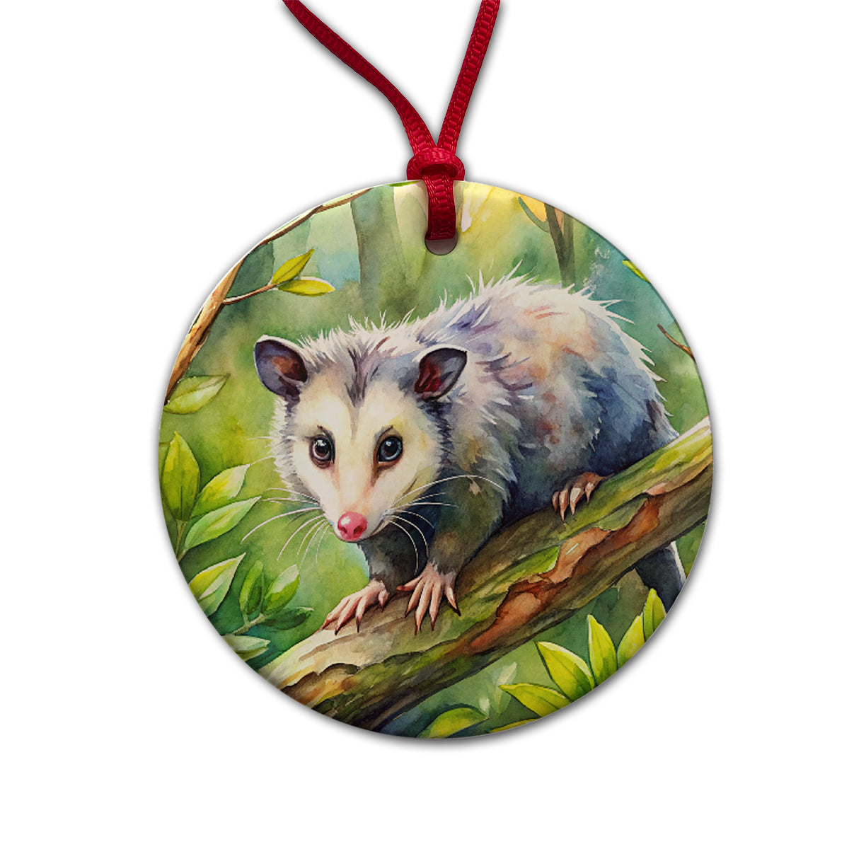 Opossum In The Forest Watercolor Round Ceramic Holiday Christmas Tree Ornament