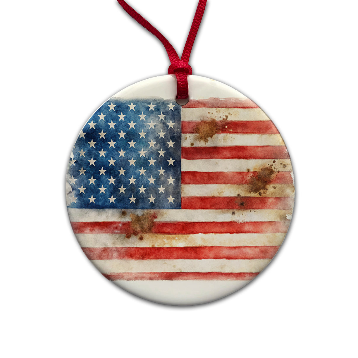 Patriotic Rustic Worn American Flag Watercolor Round Ceramic Holiday Christmas Tree Ornament