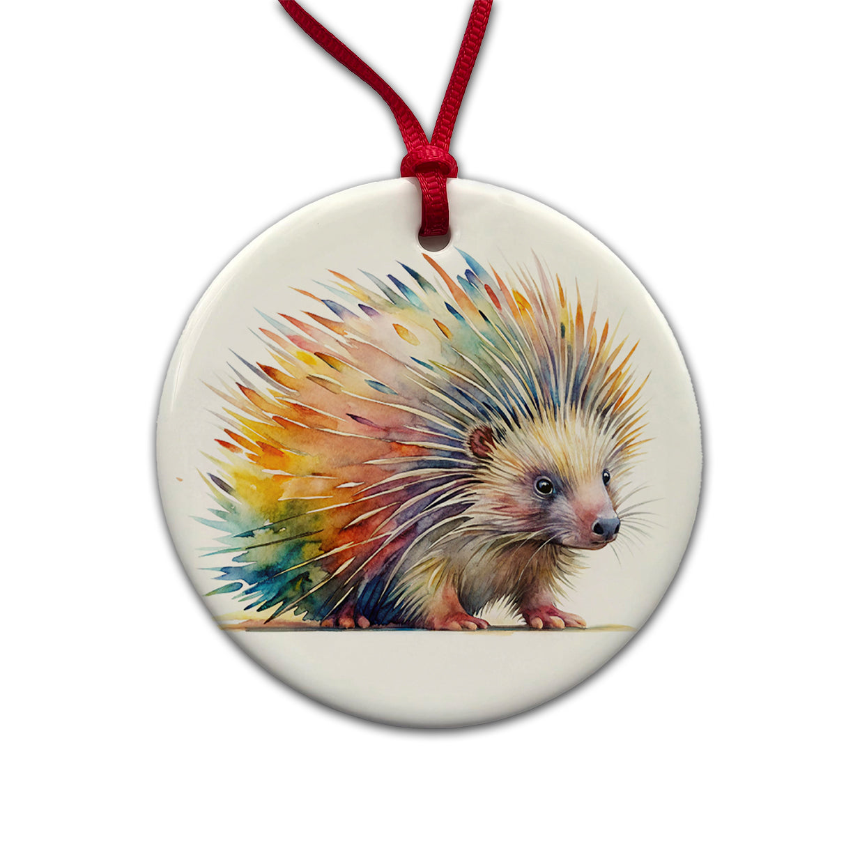 Porcupine Colorful Rainbow Watercolor Round Ceramic Holiday Christmas Tree Ornament