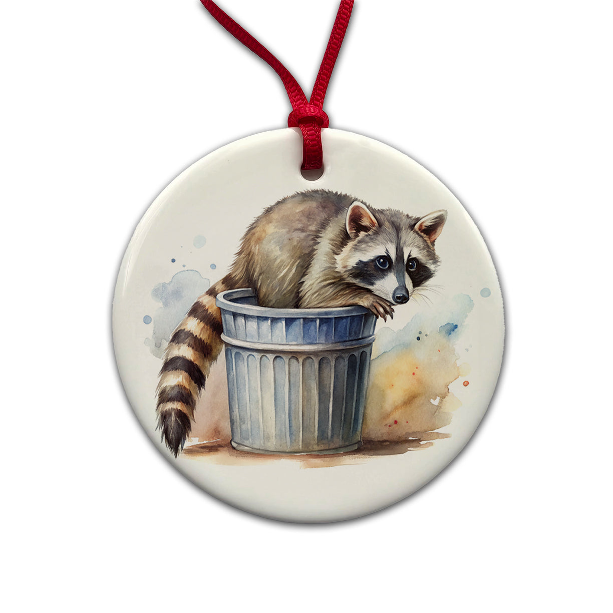Raccoon In A Trash Can Panda Watercolor Round Ceramic Holiday Christmas Tree Ornament