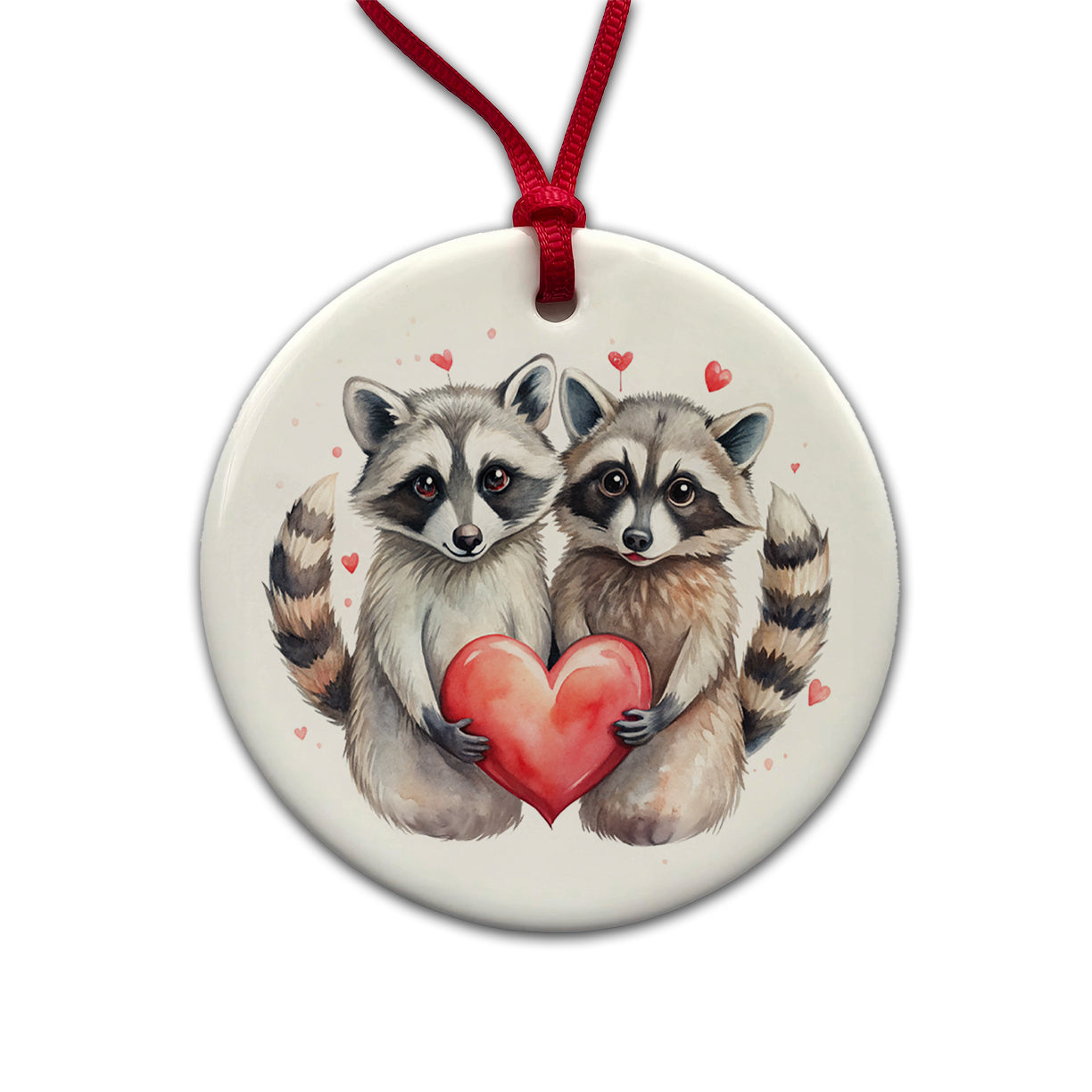 Raccoons In Love With Hearts Valentine's Day Round Ceramic Holiday Christmas Tree Ornament