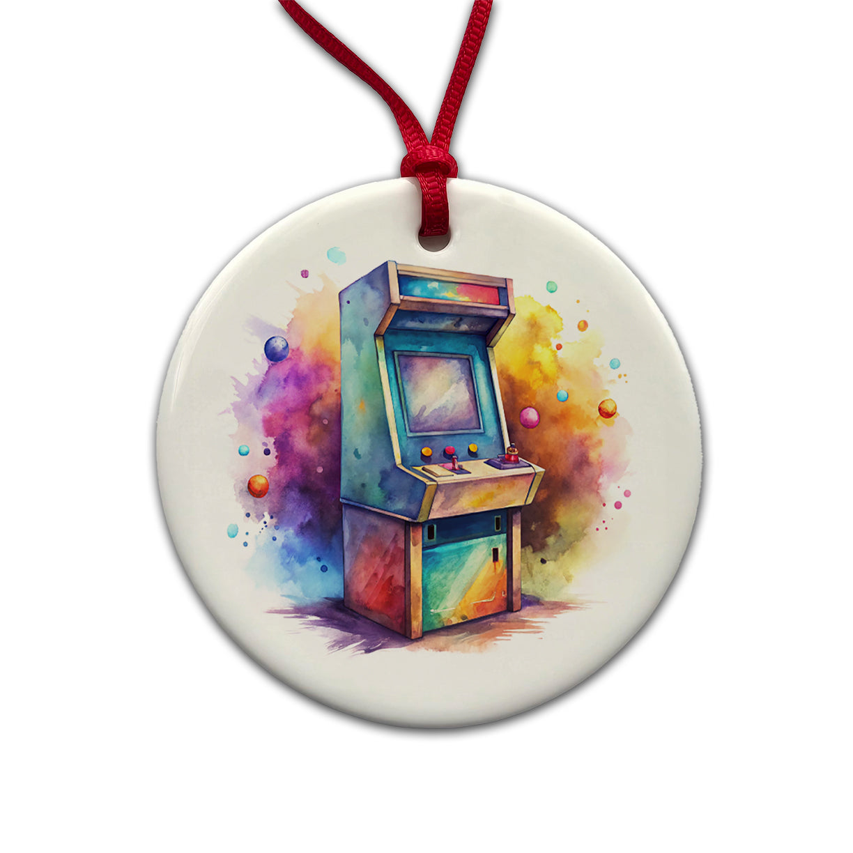 Retro Stand-up Arcade System Watercolor Round Ceramic Holiday Christmas Tree Ornament