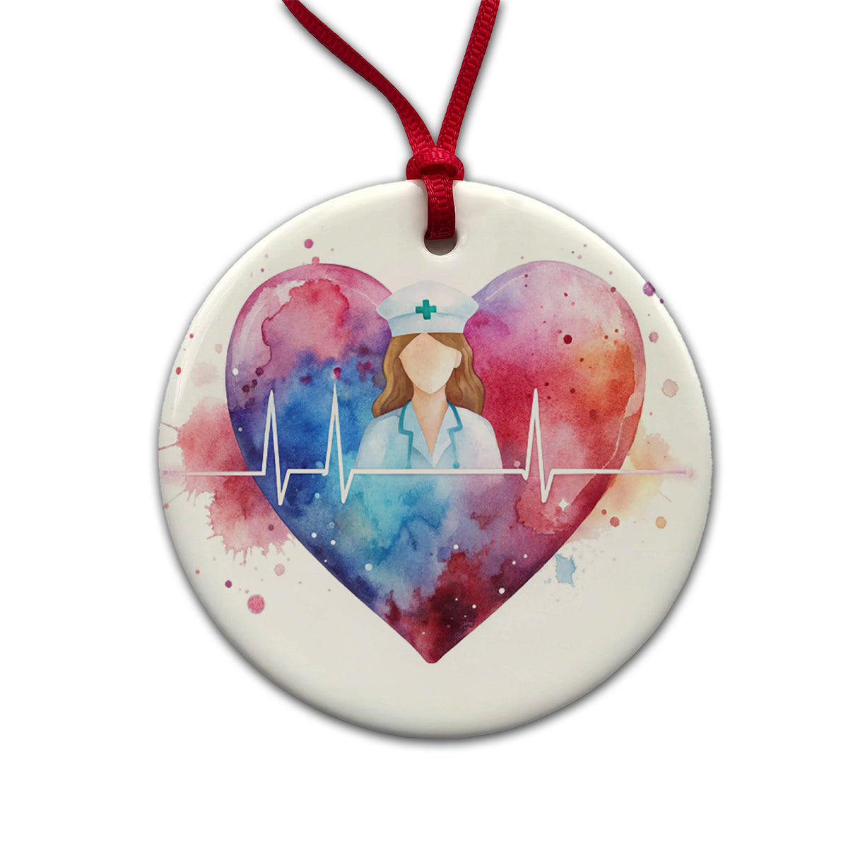 RN Nurse Life Pulse Heart Beat Watercolor Round Ceramic Holiday Christmas Tree Ornament
