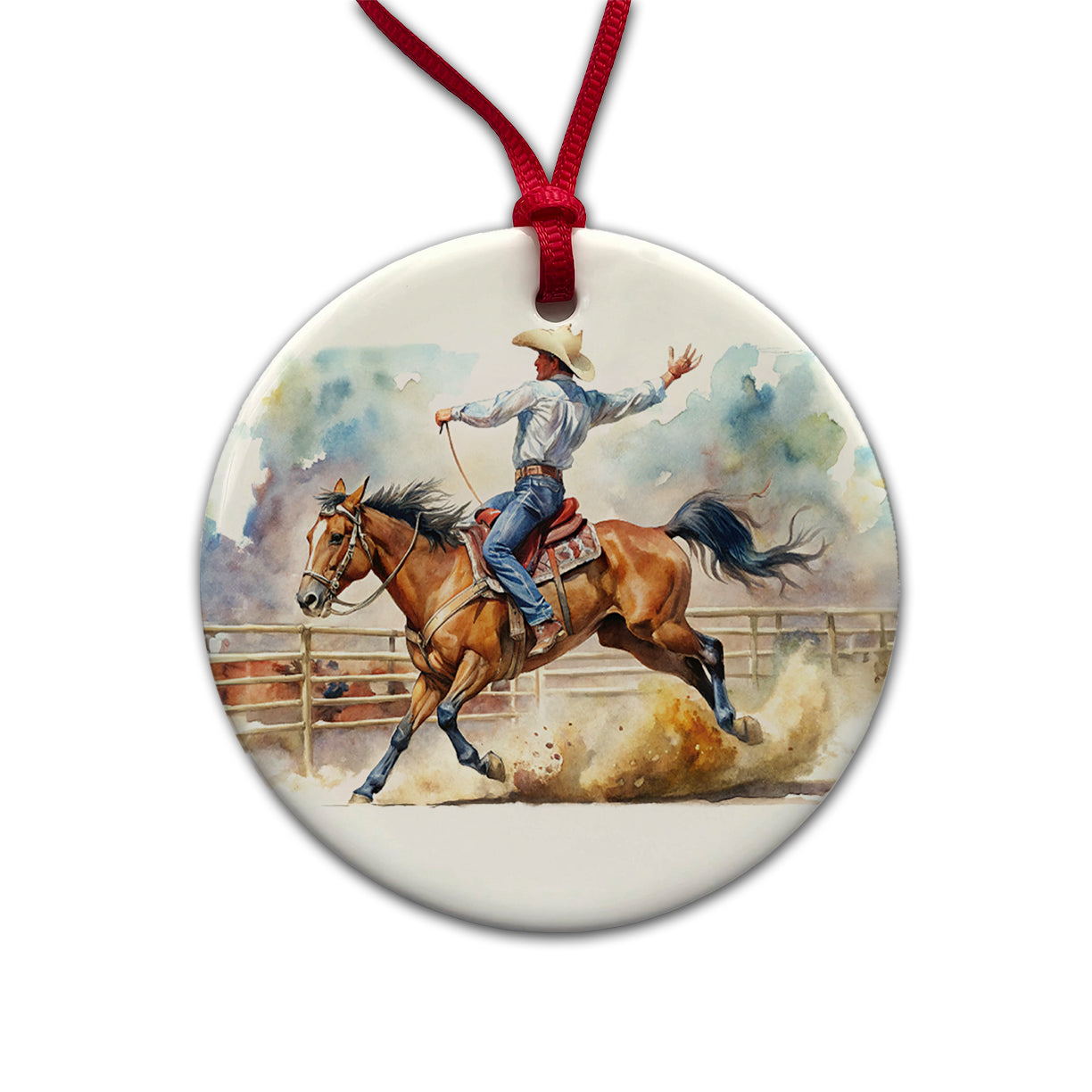 Rodeo Cowboy Horse Country Round Ceramic Holiday Christmas Tree Ornament