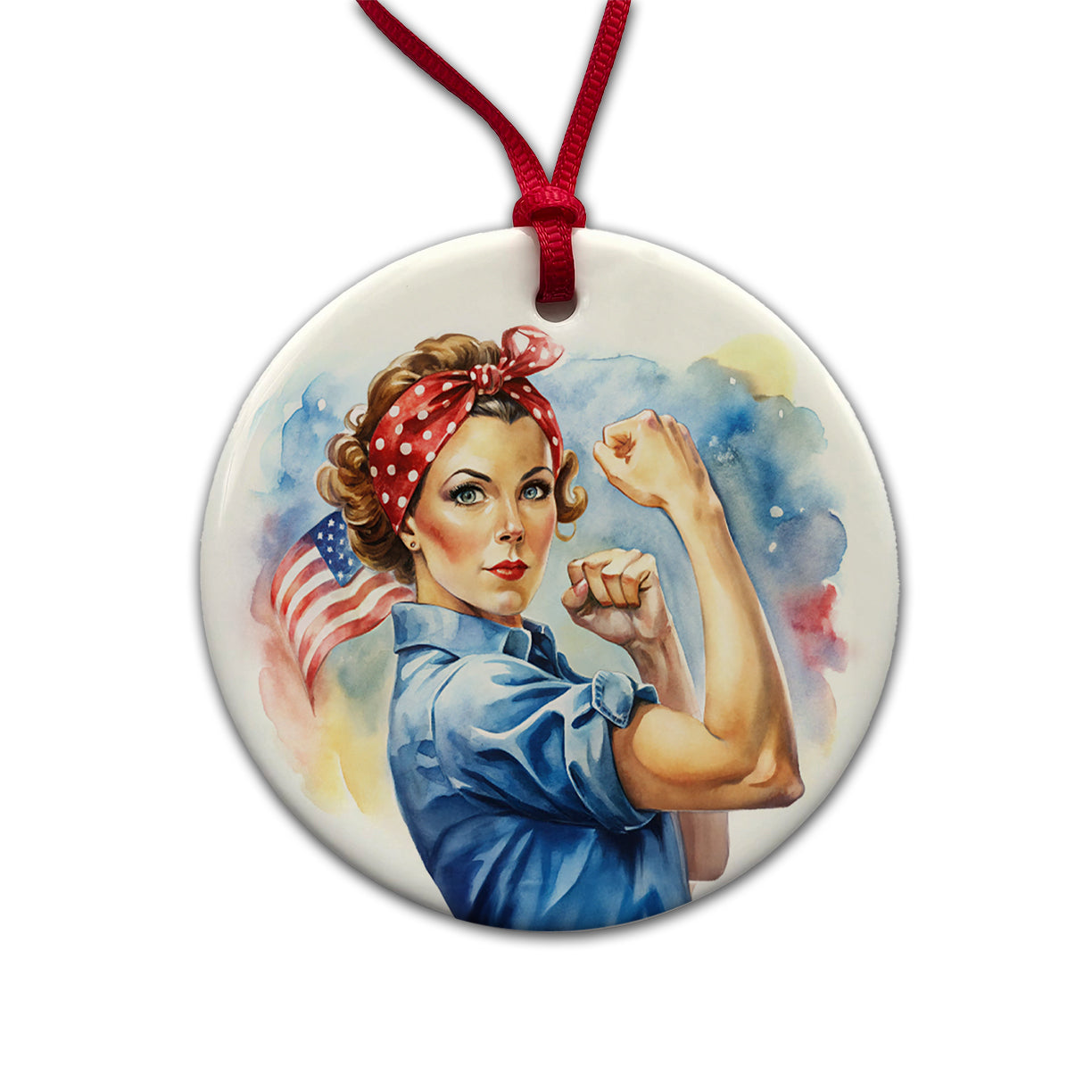 Rosie The Riveter Patriotic Watercolor Round Ceramic Holiday Christmas Tree Ornament