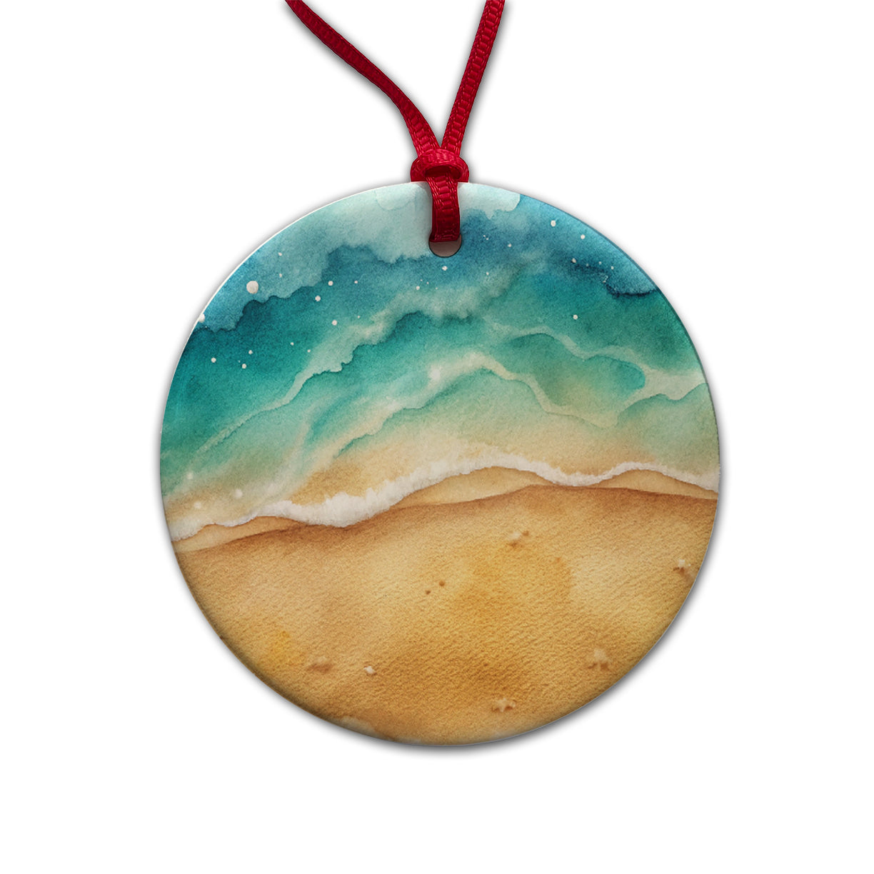 Sandy Tranquil Ocean Beach Round Ceramic Holiday Christmas Tree Ornament