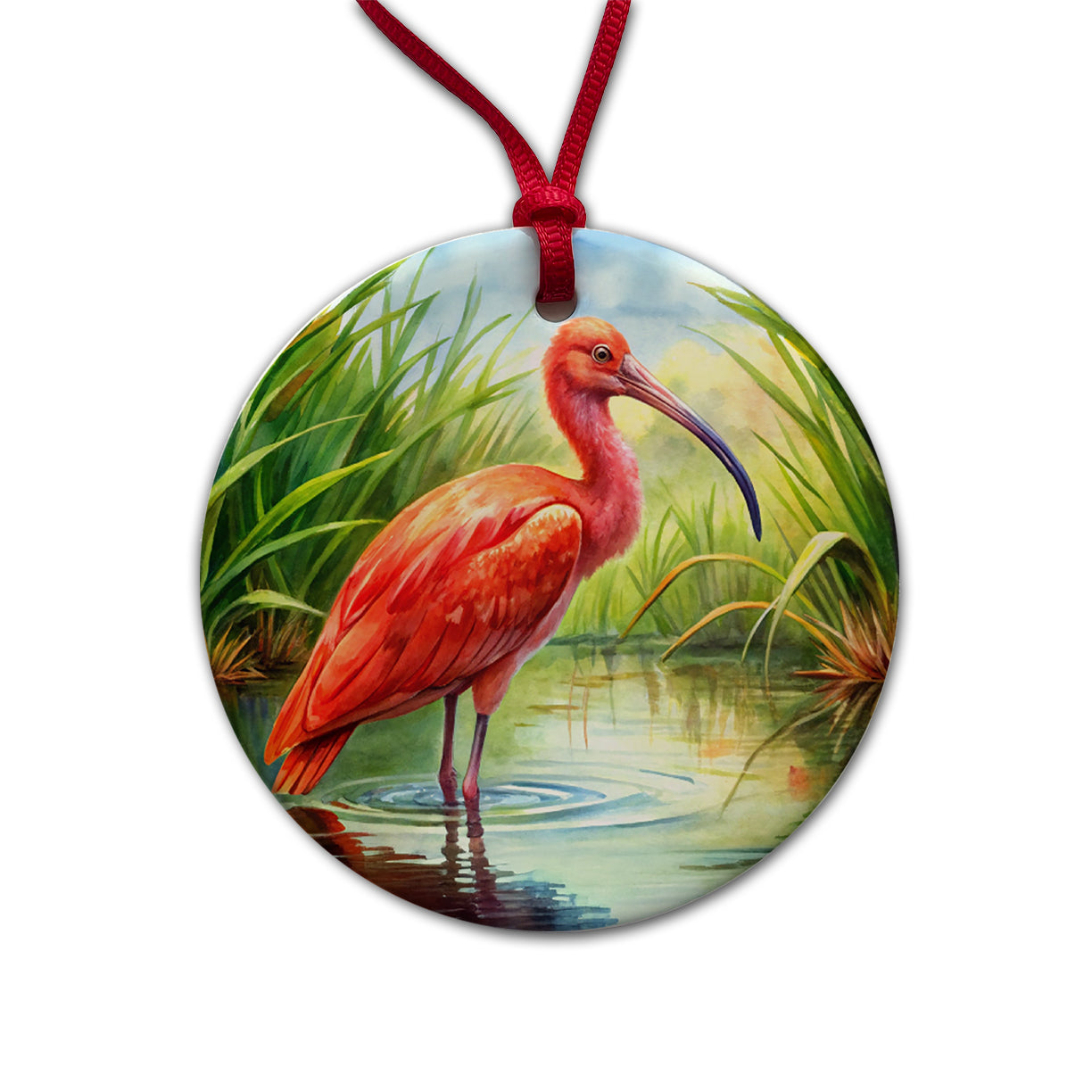 Scarlet Ibis In Marsh Bird Watercolor Round Ceramic Holiday Christmas Tree Ornament