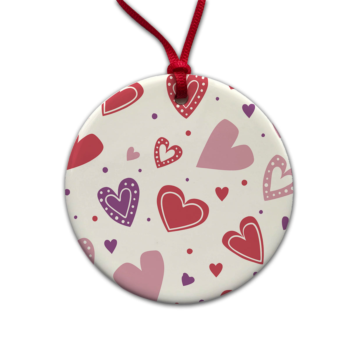 Scattered Hearts Bright Red Pink Purple Love Round Ceramic Holiday Christmas Tree Ornament