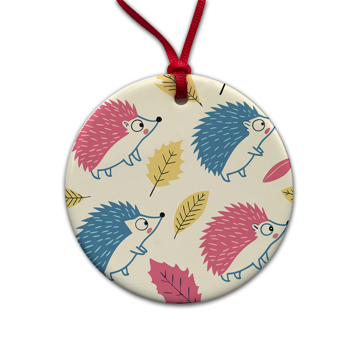 Scattered Hedgehogs Pink Blue Round Ceramic Holiday Christmas Tree Ornament