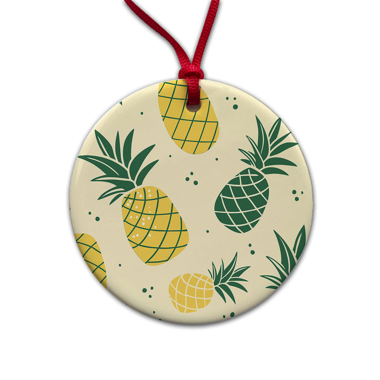 Scattered Tropical Pineapples Round Ceramic Holiday Christmas Tree Ornament
